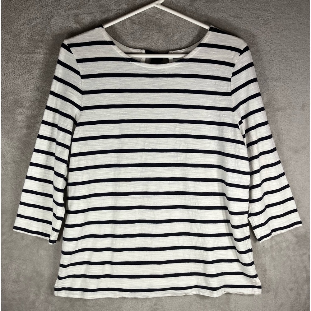 TALBOTS Nautical Striped Tunic Cream/Black Crew Neck Back Keyhole Tie Size Large